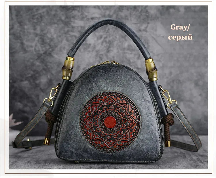 MOTAORA Bamboo Top Handle Embossed Leather Shoulder Bag, Vintage Bohemian Crossbody Purse for Women Handmade Large Capacity Tote