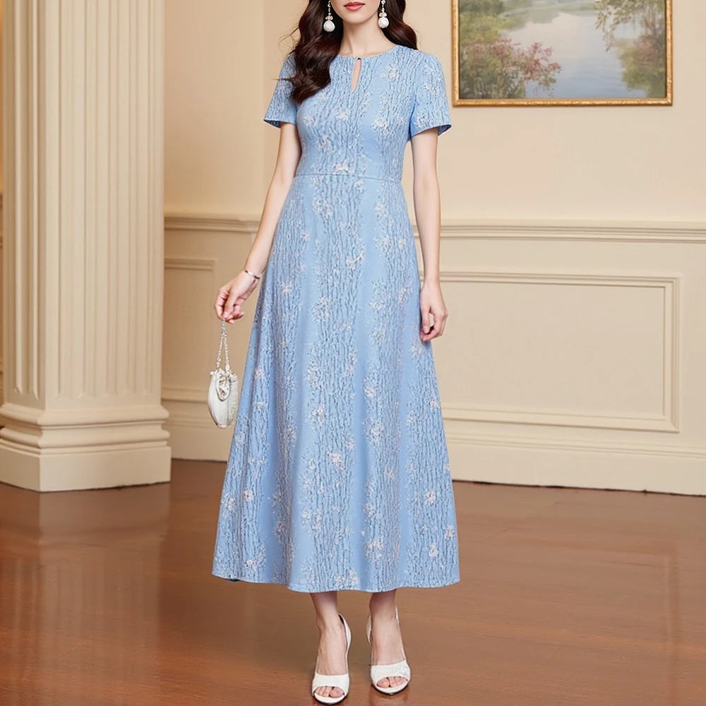 Rafiah Summer Women's Arabian Dresses 2025 Elegant Plain Appliques Short Sleeve Round-Neck Indie Folk A-Line Long Dress