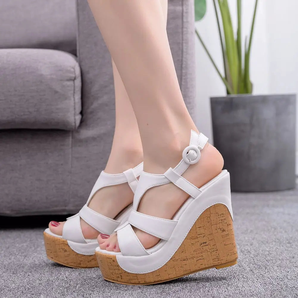 Women’s Summer Flock Sandals – 12CM Wedge Heels with Buckle Strap, White