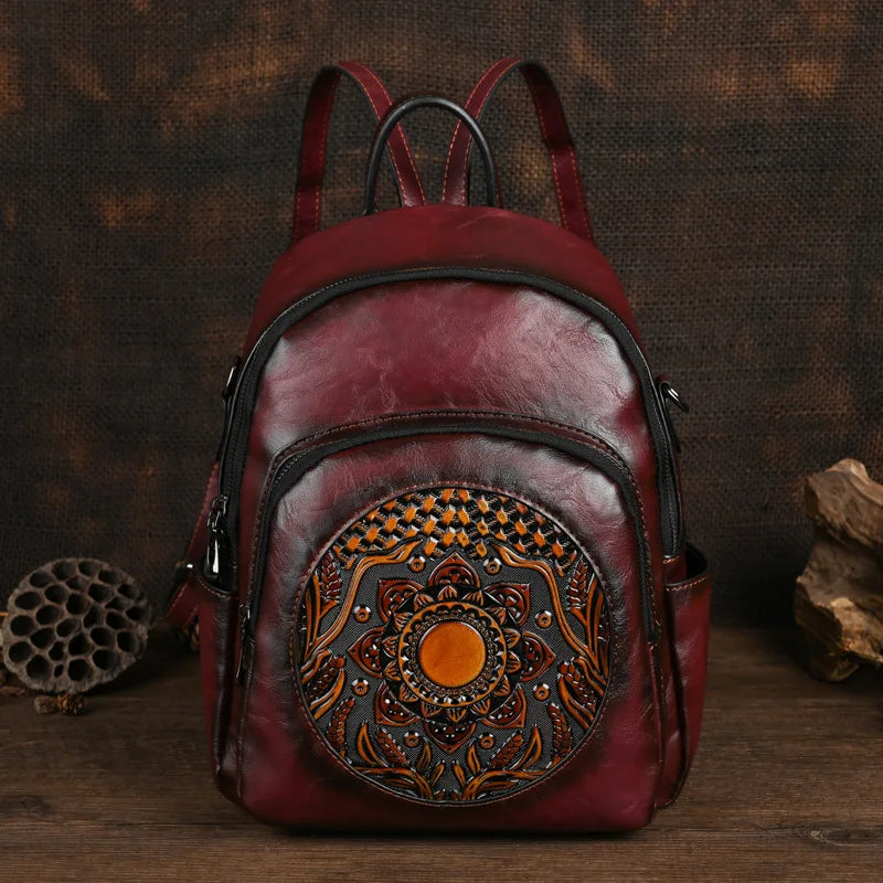 MOTAORA Vintage Leather Backpack Women Large Capacity Embossed Casual Travel Backpack Anti-Theft Waterproof Handbag Purse
