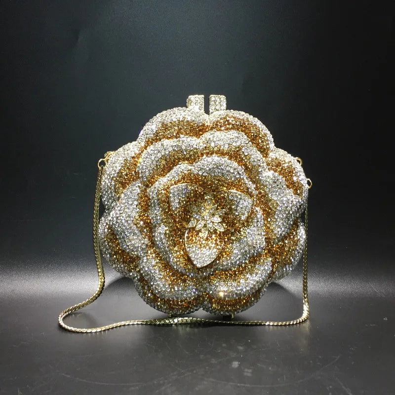 Rose Flower Pink/Green Rhinestones Evening Clutches Women Floral Yellow Crystal Evening Bags Bridal Wedding Party Clutch Purse