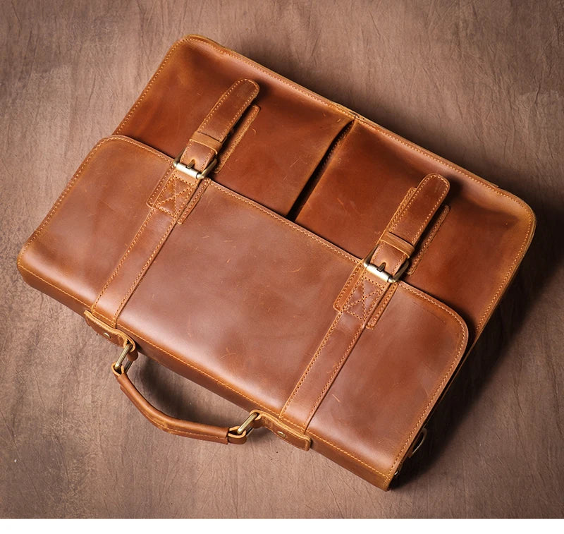LUOKIR Vintage Crazy Horse Briefcase Travel Genuine Leather Handbag Luxury Men's Messenger Computer Shoulder Bag 14 Inch Laptop