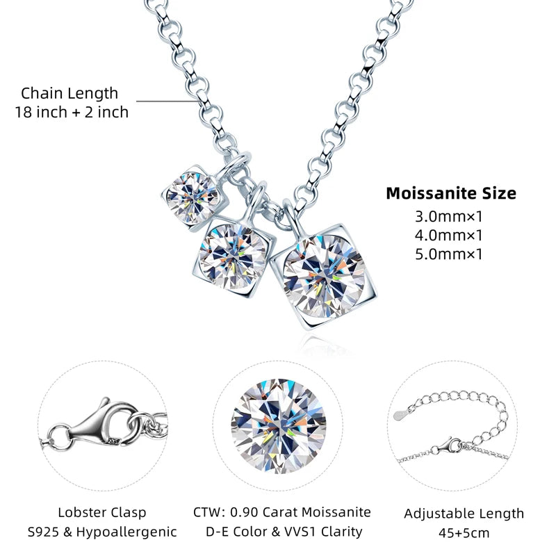 Lnngy Three Stone Moissanite Pendant Necklace Niche 925 Sterling Silver Chain Necklaces for Women collar plata 925 Jewelry Gift