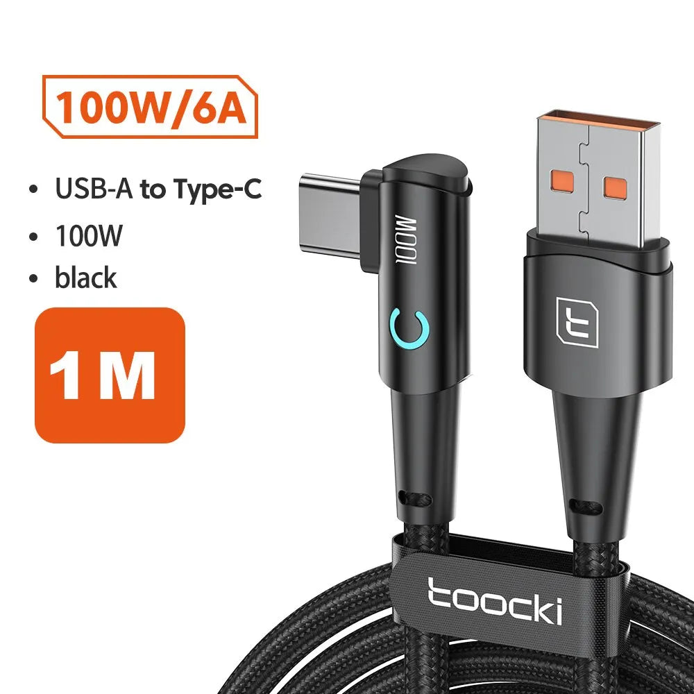 كابل Toocki 6A USB C بزاوية 90 درجة لشحن سريع 100 واط لهاتف OPPO وHonor وHuawei وOneplus وRealme وسلك بيانات الشاحن