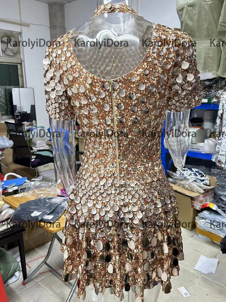 Sexy Black Shell Sequins Mini Dress Nightclub Dance High Quality Performance Clothing Bodysuit Birthday Red Dresses