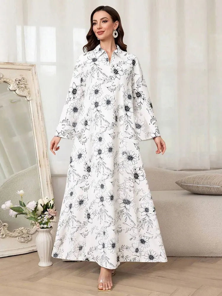 Rafiah Women's Dresses Summer Elegant 2025 Floral Opulent Long Sleeve Shirt Collar A-Line Midi Vacation Long Dresses