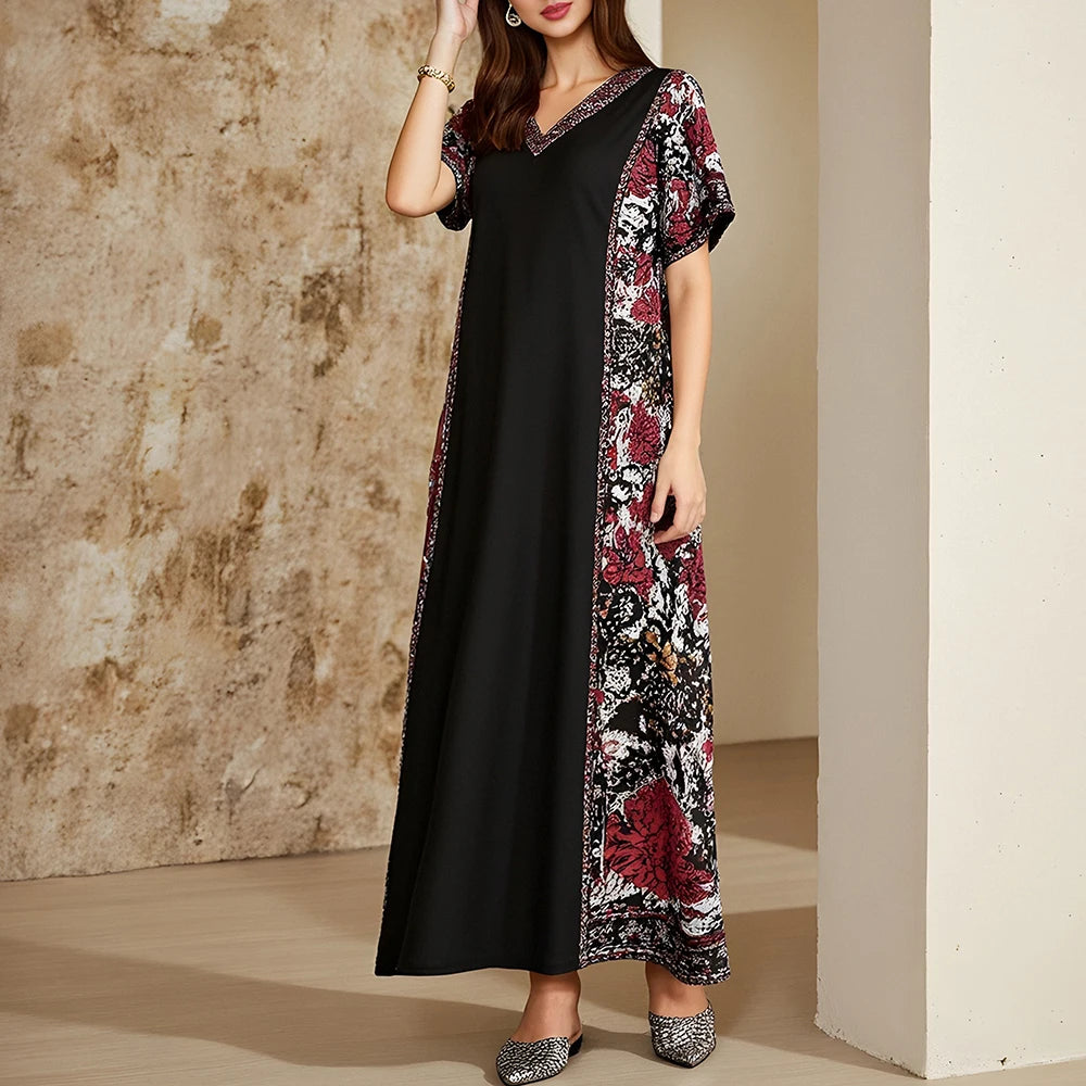 Rafiah Women's Arabian Dress Summer Fashion Opulent Contrast Color Short Sleeve V-Neck Midi A-Line Long Dating Dress