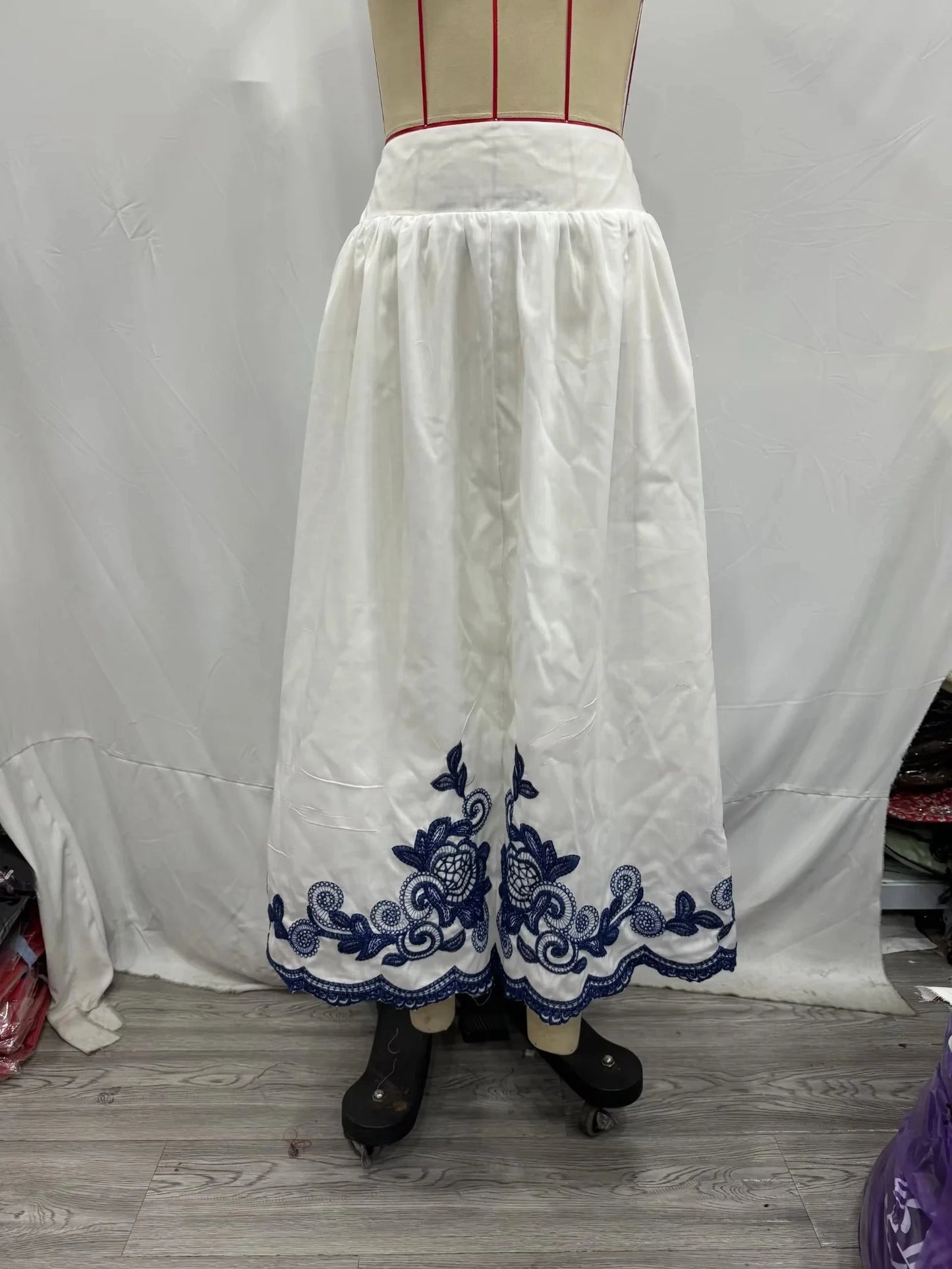 TRAFZA 2024 Women Skirt Set Blue Embroidery Three Quarter Bat Sleeve Shirt +Folds A Line Long Skirt Casual Loose Beach Holiday