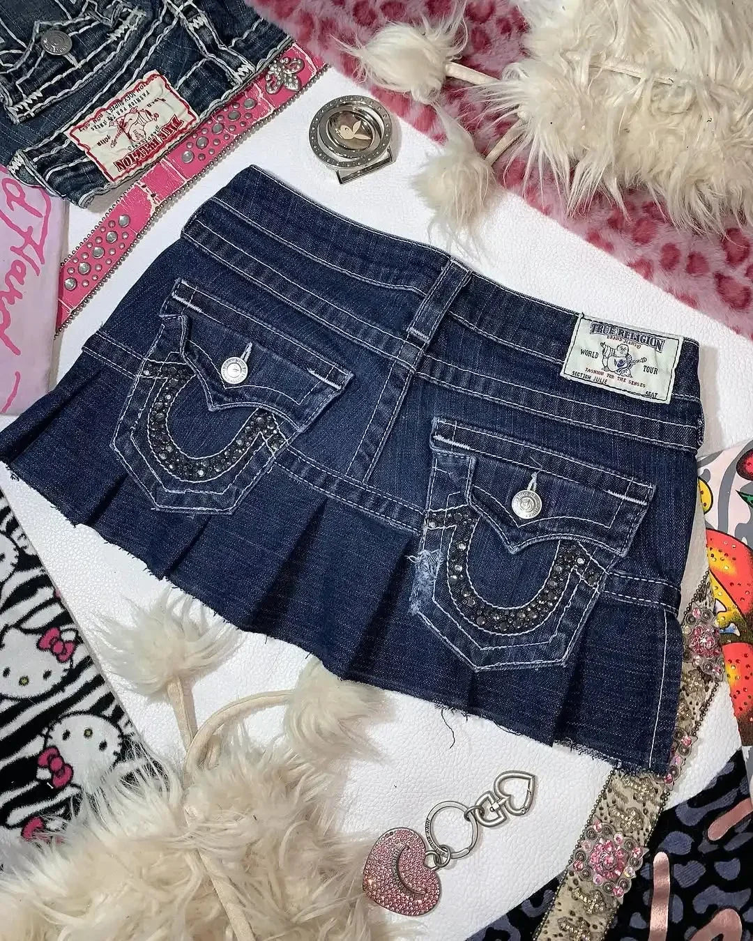 Gothic High Waisted Retro Y2k Skirt Letter Embroidery Patchwork Zipper Denim Pleated Mini Skirt Harajuku Womens Short Skirts
