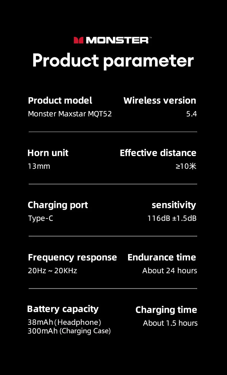 Monster MQT52 Wireless Bluetooth 5.4 Earphones Long Battery Life Gaming Headphones Dual Mode HIFI Stereo Sound Headset With Mic