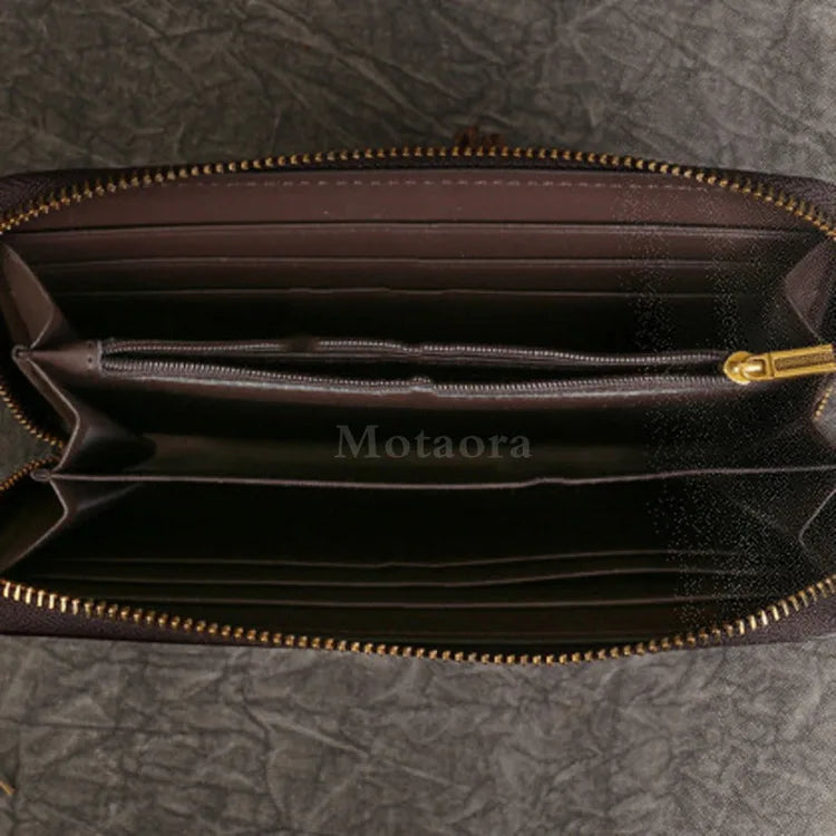 MOTAORA New Embossed Genuine Leather Wallet For Women’s Long Zipper Large Capacity Handbag Ethnic Style Card Phone Bag Purses