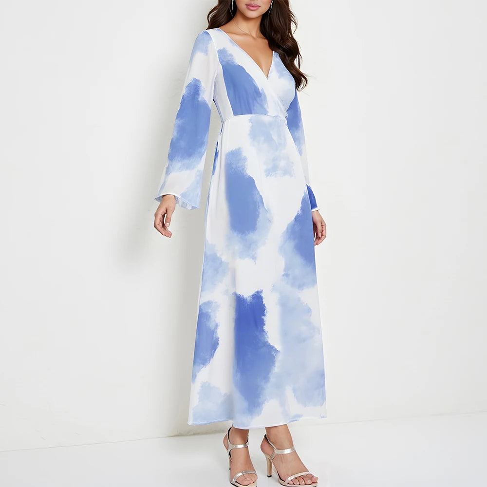 Rafiah Women's Summer Dress Elegant Ventilate Contrast Color Long Sleeve Plunge Neck Midi A-line Vacation Arabian Dress