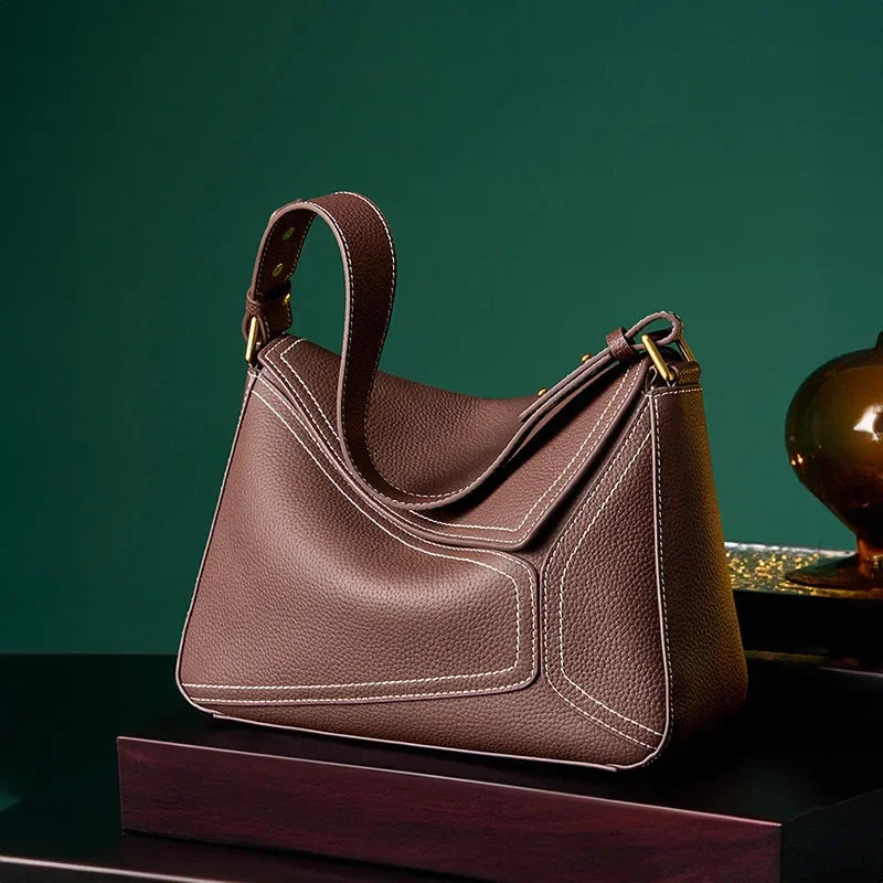 Women Genuine Leather Pillow Shoulder Bag – Geometric Design – Coffee, Khaki, Brown