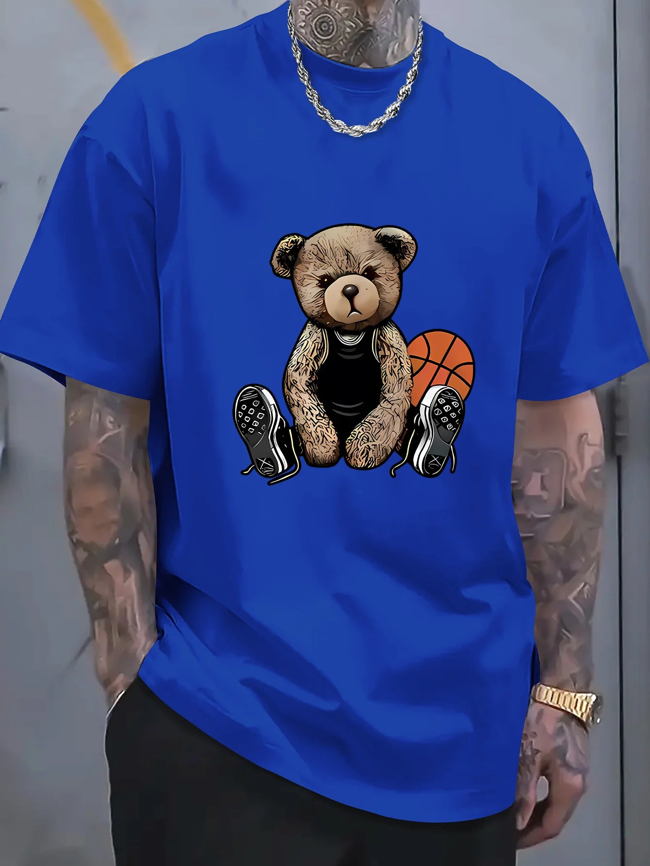 Men's summer 100 cotton fashionable casual sports loose and fun basketball bear pattern printed round neck short sleeved T-shirt
