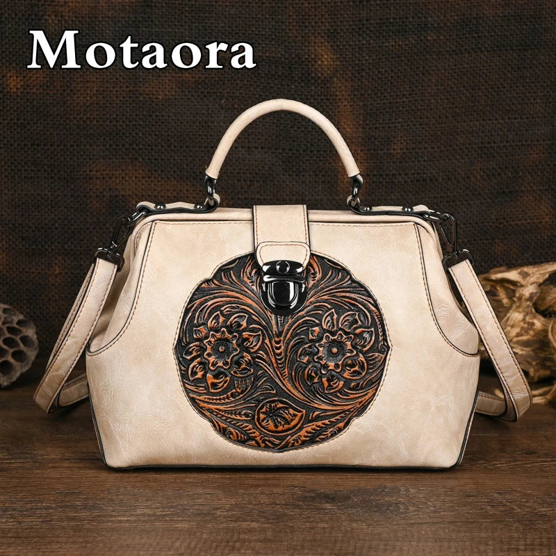 MOTAORA Vintage Luxury Handmade Leather Backpacks For Women Designer Handbags Hasp Ladies Shoulder Bags Embossed Woman Backpack