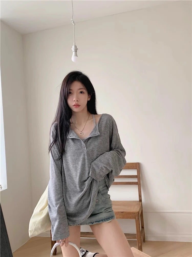 Ladies Casual V-Ne Long Sve T-irt Cover up White Loose Slimming Knitted Wear Summer Inner Top Comfortable Sle