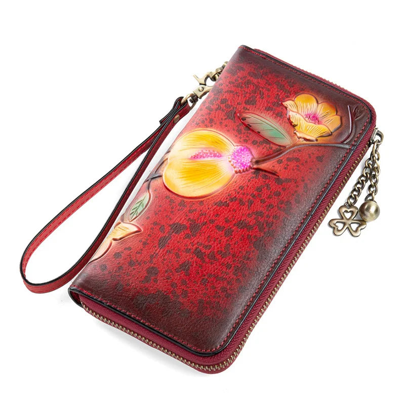 MOTAORA Vintage Genuine Leather Women's Long Wallet | RFID Protected Zipper Purse with Card Holders & Phone Pocket