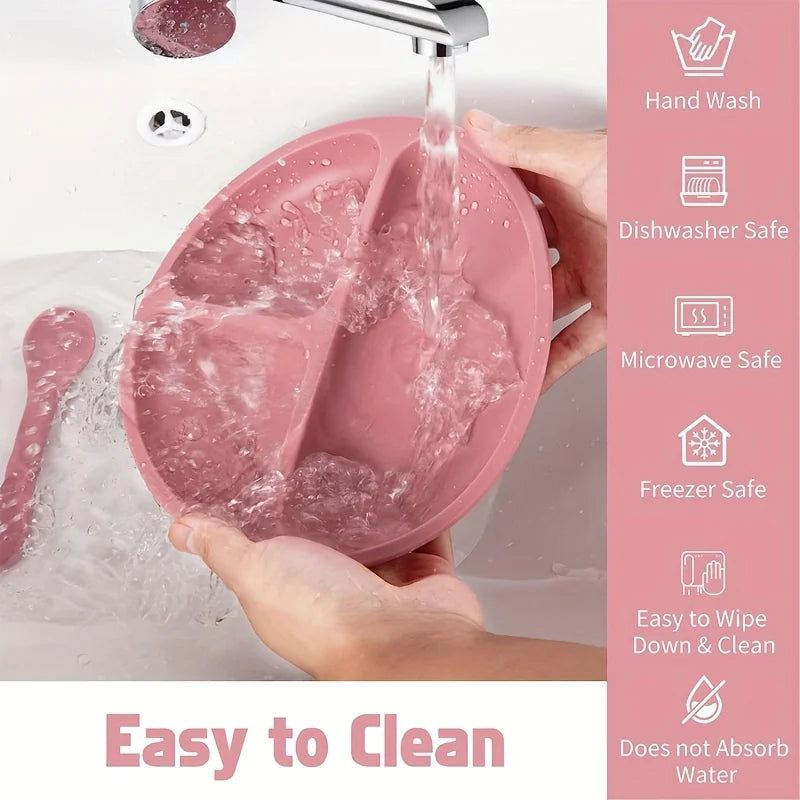 Silicone Baby Feeding Set Microwave Oven Safe for 0-3 Years Includes Suction Plate Soft Bowl Spoons Forks Bib Snack Cup