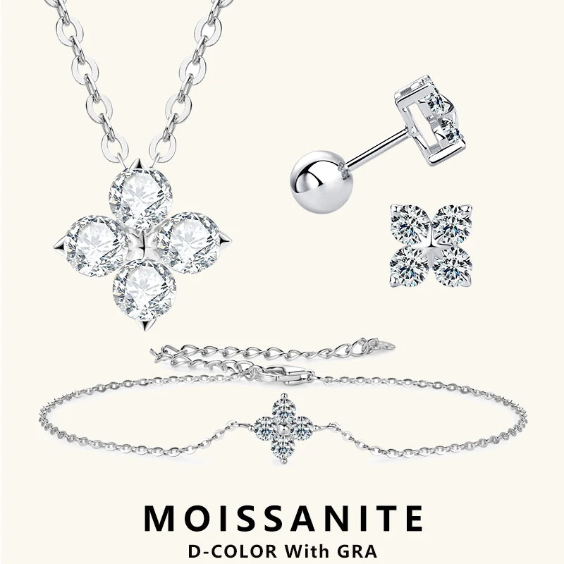 Lnngy 925 Sterling Silver Four Leaf Clover Pendant Necklace Bracelet 3mm 0.1ct Moissanite Stud Earring For Women Jewelry Set