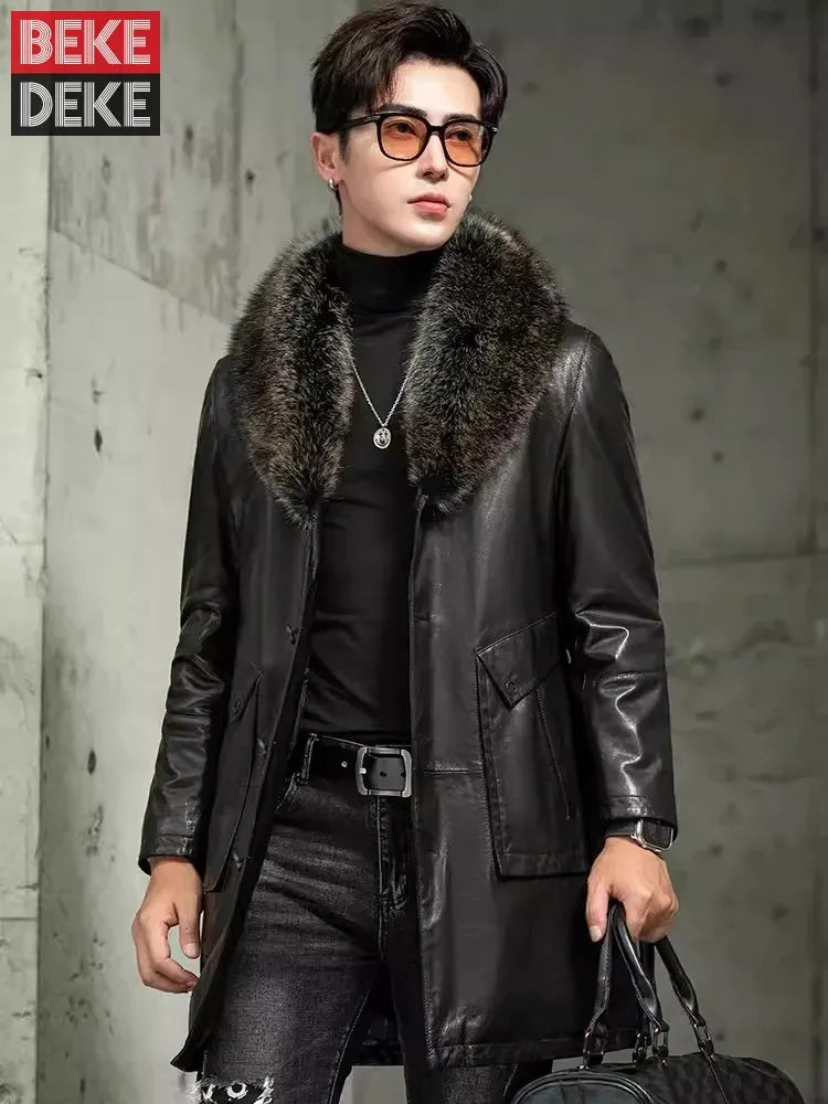 Men Luxury Business Winter Work Mid Long Thick Warm Down Coat Fur Collar Single Breasted Sheepskin Genuine Leather Jacket Trench