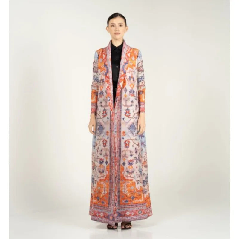 KAF Pleated Women Large Size Trench Coat 2024 Spring and Autumn New Vintage Printed Design Female Robe Arab Luxury Abaya