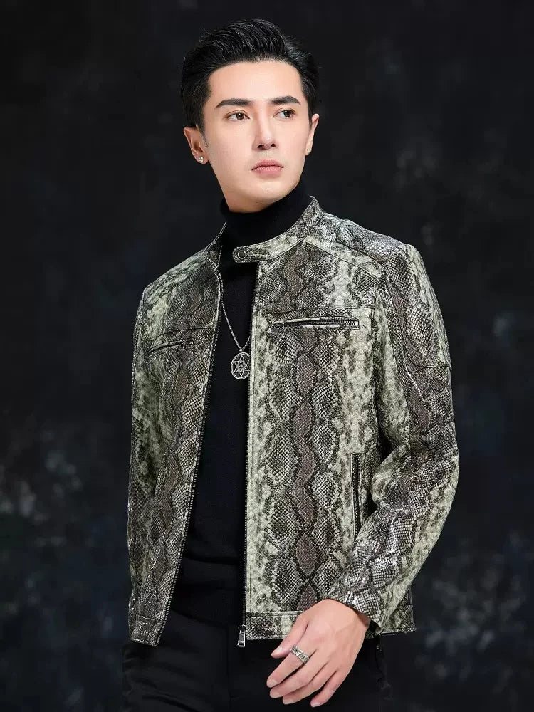 Men’s Python Pattern Sheepskin Leather Jacket – Slim Fit Stand Collar Moto Biker Coat