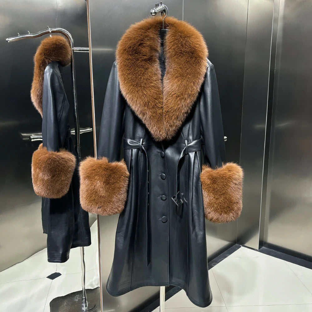 Black Leather Jacket With Fox Fur Collar Real Sheepskin Long Leather Jackets Leather Jacket Women 2025 Winter