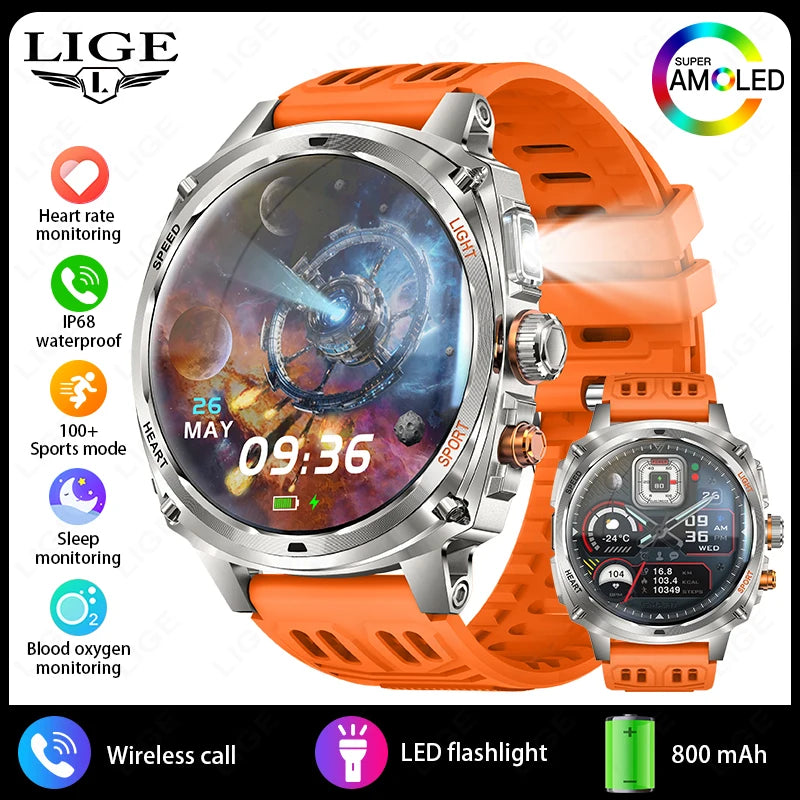 LIGE Rugged Military 1.75-inch AMOLED Screen Smart Watch With LED Flashlight 800mAh Battery Bluetooth Call Smart Watch Men Gift