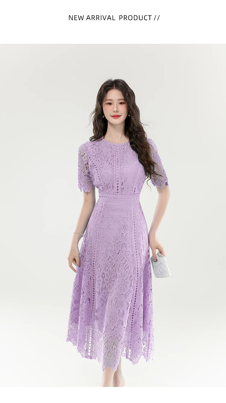 2025 New Summer French Elegant Fashion Evening Dress Women Lace Hollow Out Crochet Party Dress Casual Chic Holidays Clothing