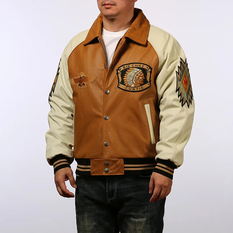 Men large size leather jacket flight suit jacket printed big chief embroidery casual sports yellow cowhide leather jackets tops