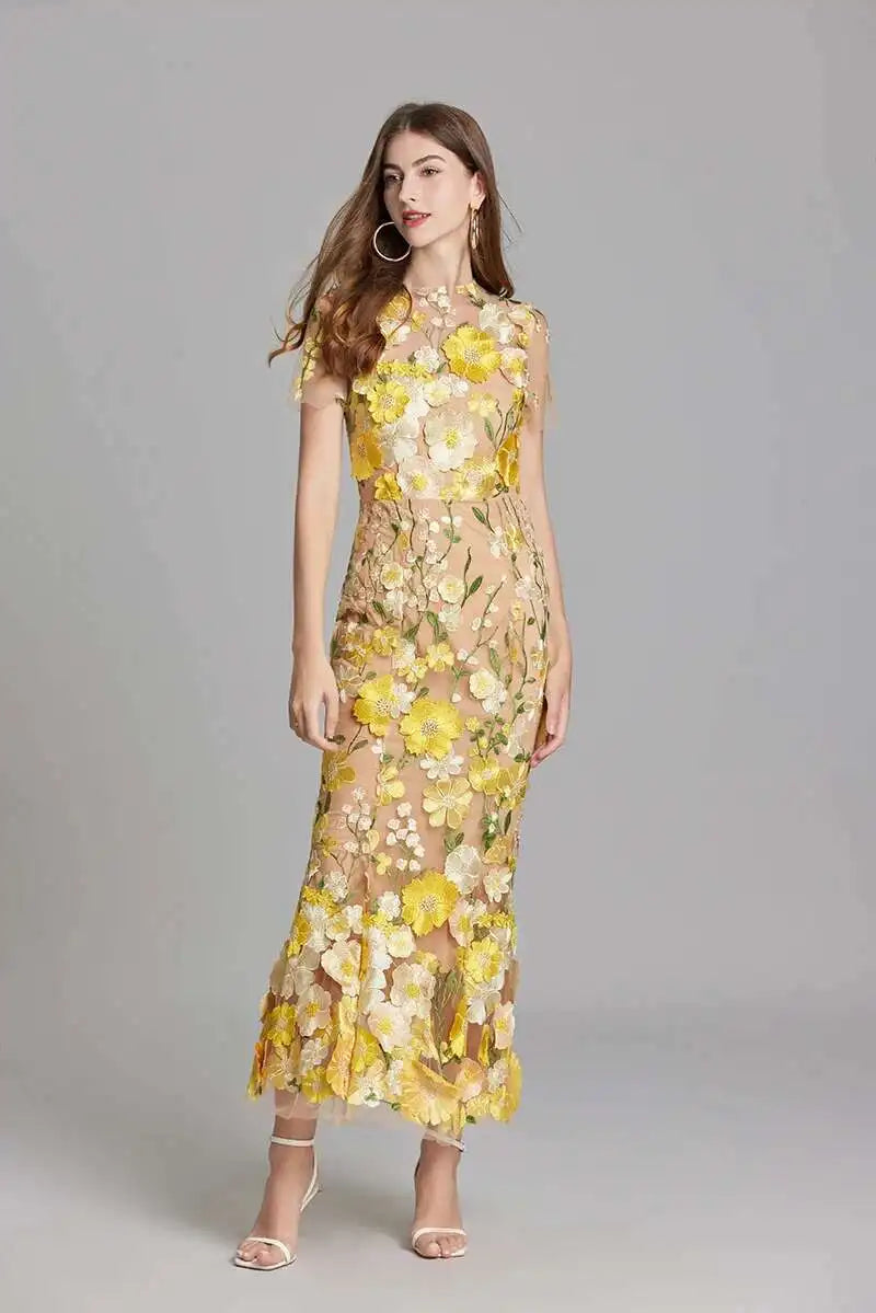 French Luxury 3D Flower Fishtail Lace Prom Dress – Women's Summer Short Sleeve Midi Evening Dress