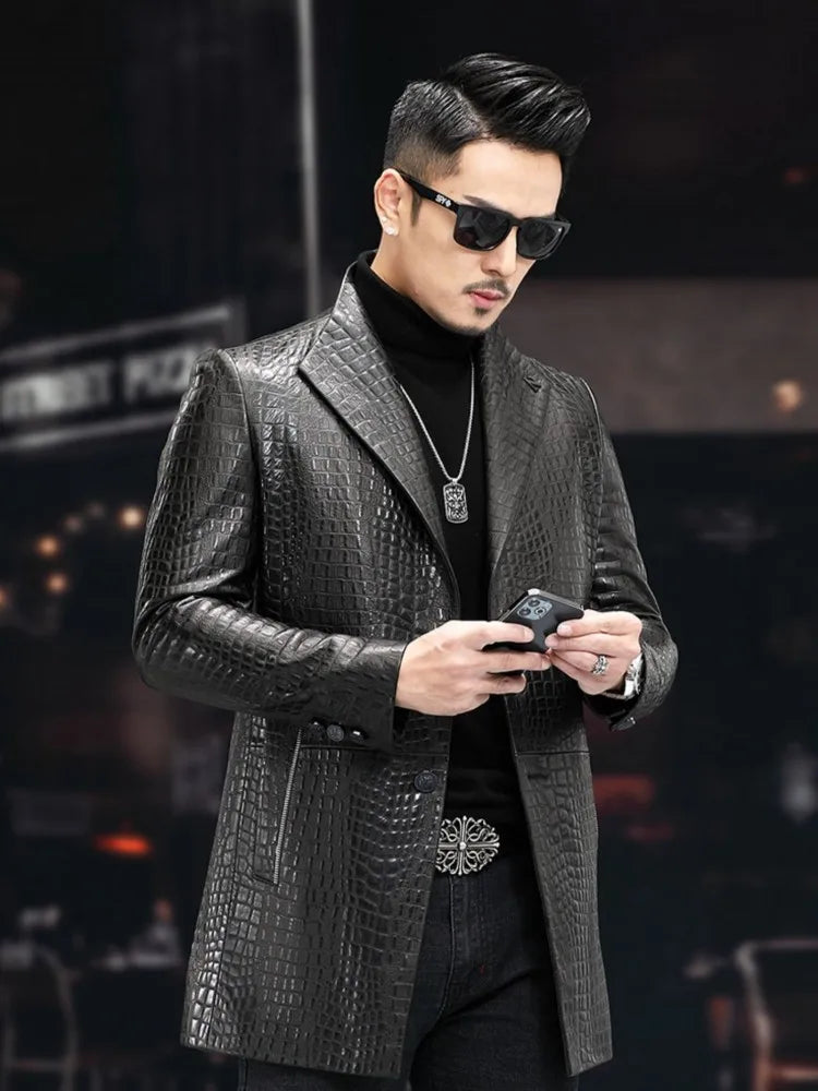 High Quality Luxury Genuine Leather Blazers Men Spring Slim Office Man Embossing Real Sheepskin Coat Suit Jacket Size Runs Small