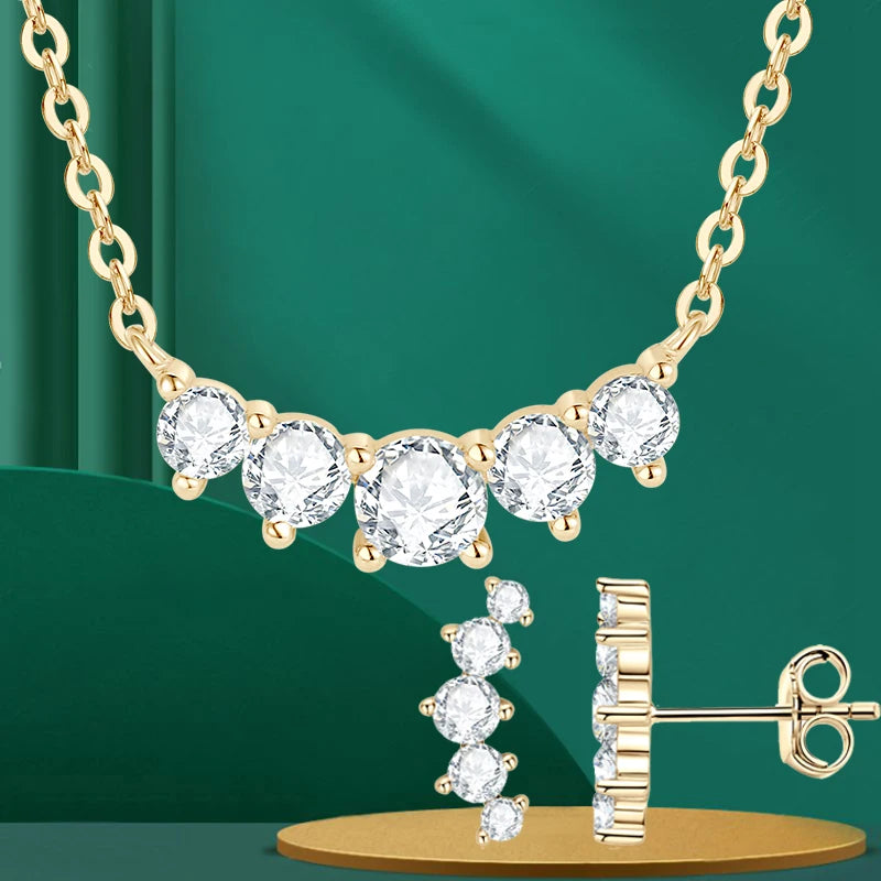 Lnngy 925 Sterling Silver Stud Earrings Necklaces Brilliant 5 Stones Moissanite Choker Necklace Climber Earring Jewelry Set