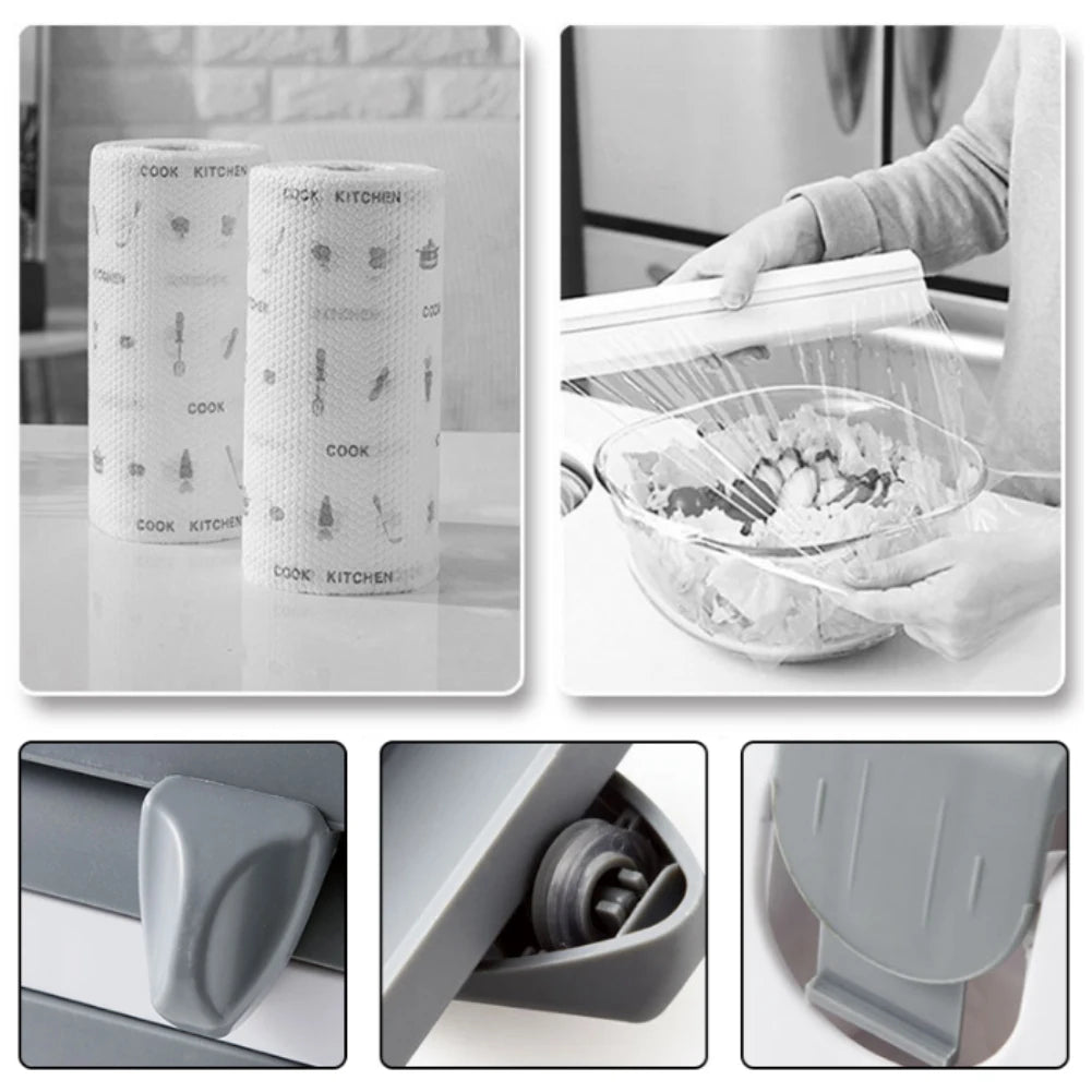 ABS Material Wall Mounted Kitchen Cling Film Dispenser with Cutter, Cling Film Aluminum Foil Roll Holder Paper Towel Holder Grey