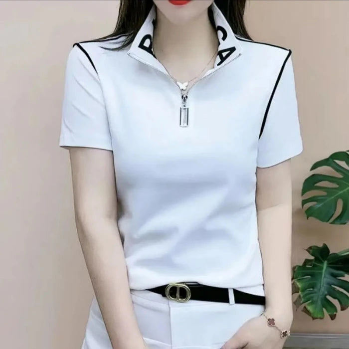 ort Sve T-irt Women's Summer New Faion irt Zipper Collar Mom's Clothes Anti-Aging Base Layer Top Polyester Fiber