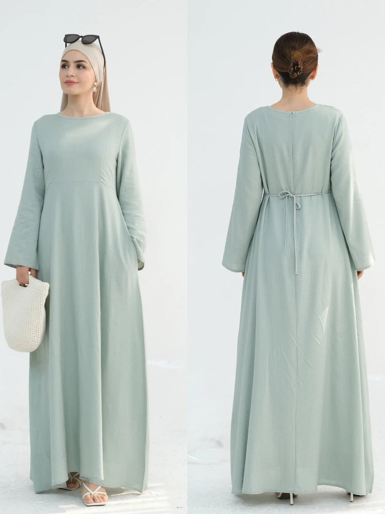 2025 Linen Pink Abaya Eid Ramadan Modest Maxi Dress Solid Color Robe Arabe Elegant Women Muslim Dresses Caftan Marocain Femme
