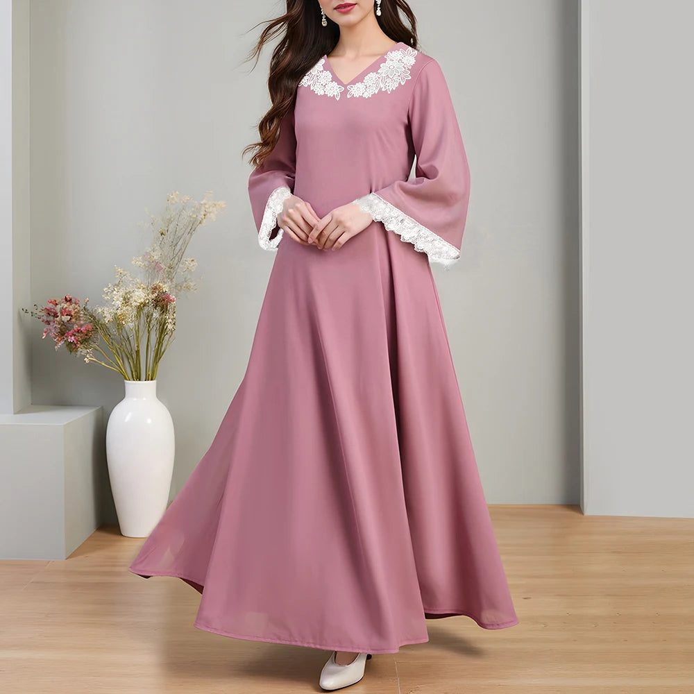Rafiah Summer Women's Arabian Dresses 2025 Elegant Plain Floral Appliques Lace Long Sleeve V-Neck Ruffle Hem Long Dress