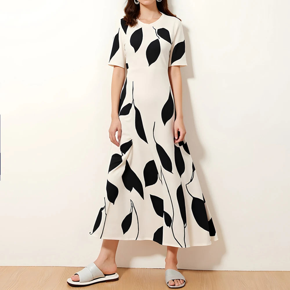 Rafiah Summer Arabian Dress 2025 Fashion Decent Contrast Color Short Sleeve V-Neck Midi A-Line Long Dress For Women