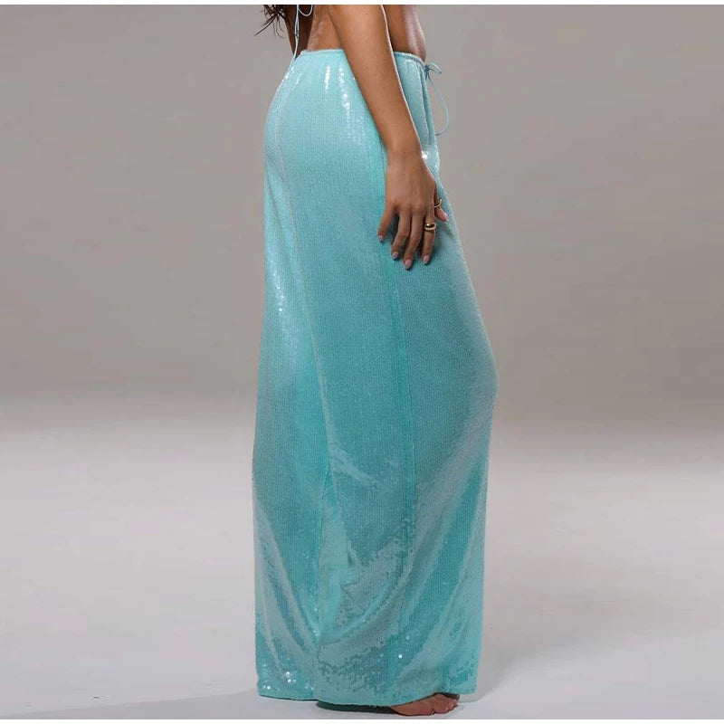 Loose Solid Color Sequin Pants Woman Cinched Waist Glitter Straight Baggy Long Pants Casual Street Chic Sparkle Women's Trousers