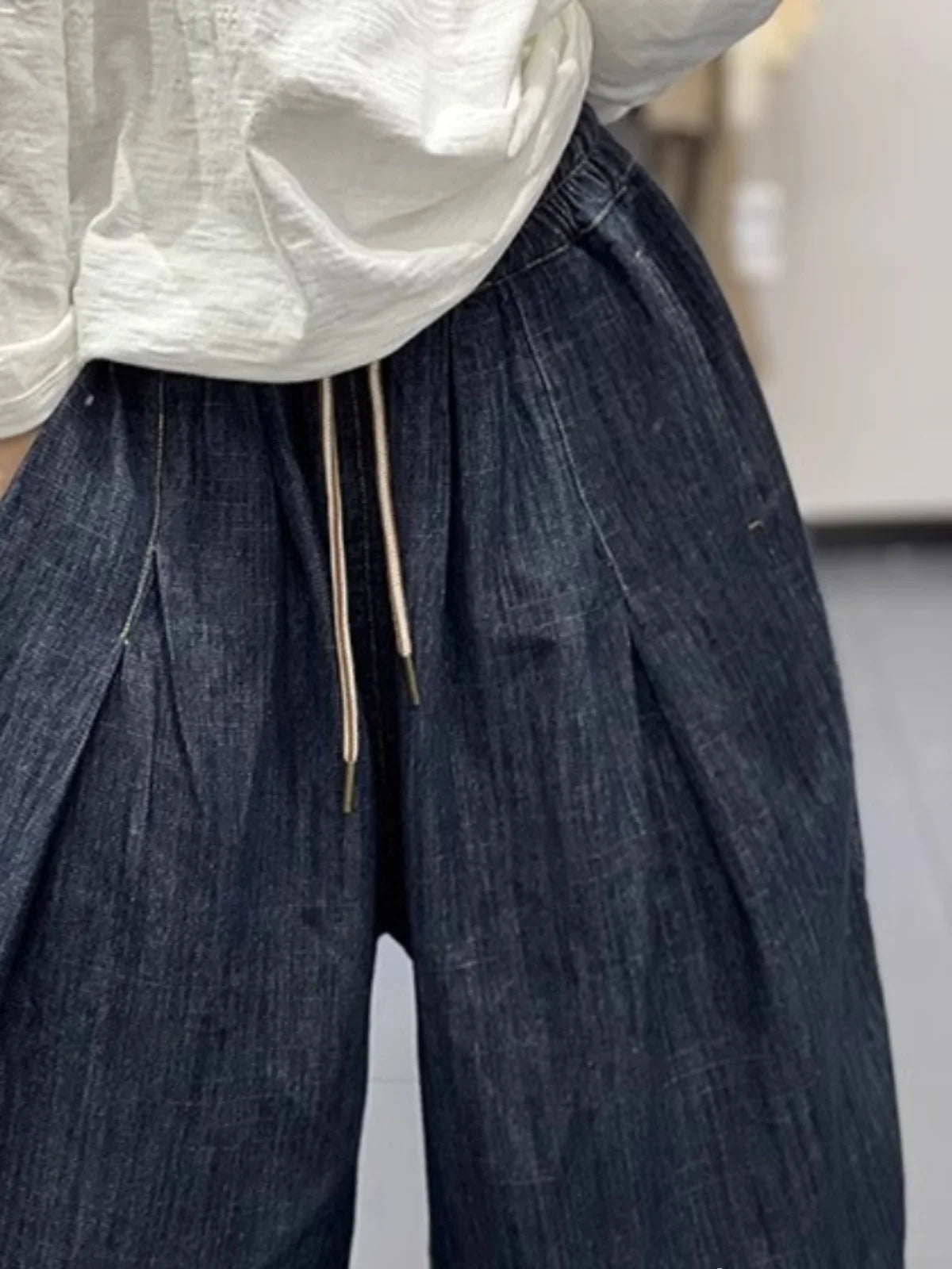 Faionable Retro Artistic Women's Jeans Harlan Pants High Waist Long Trousers All-Match Dstring Elastic Waist Tailored