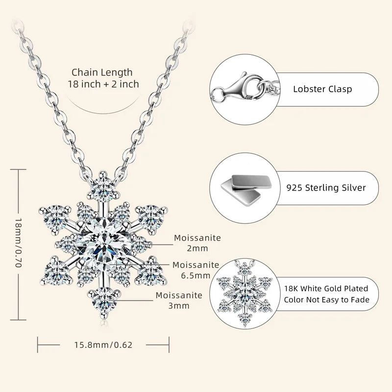 Lnngy Bling 6.5mm&3mm&2mm Moissanite Necklace 925 Sterling Silver Snowflake Pendant Necklaces for Women Christmas Jewelry Gift