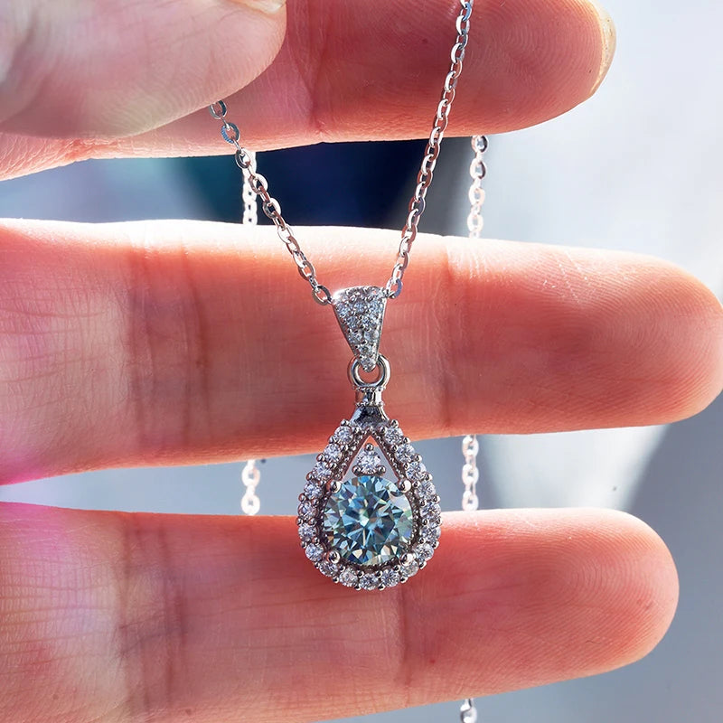 JoyceJelly 1CT Colorful Moissanite Necklace Sterling Silver 925 Jewelry Female Water Drop Shaped Pendant Top Quality Dating Gift