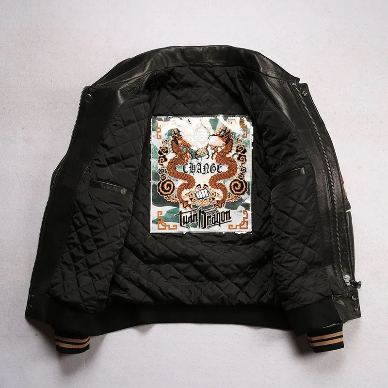 Men leather jacket sheepskin retro leisure Europe the United States large size flight suit loose version casino poker warm