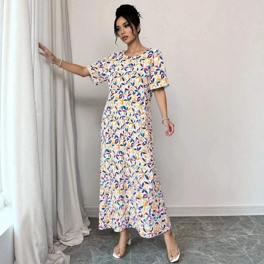 Rafiah Women's Summer Arabian Dress Long Dress 2025 Casual Round-Neck Short Sleeve A-Line Maxi Full Color Printing Casual