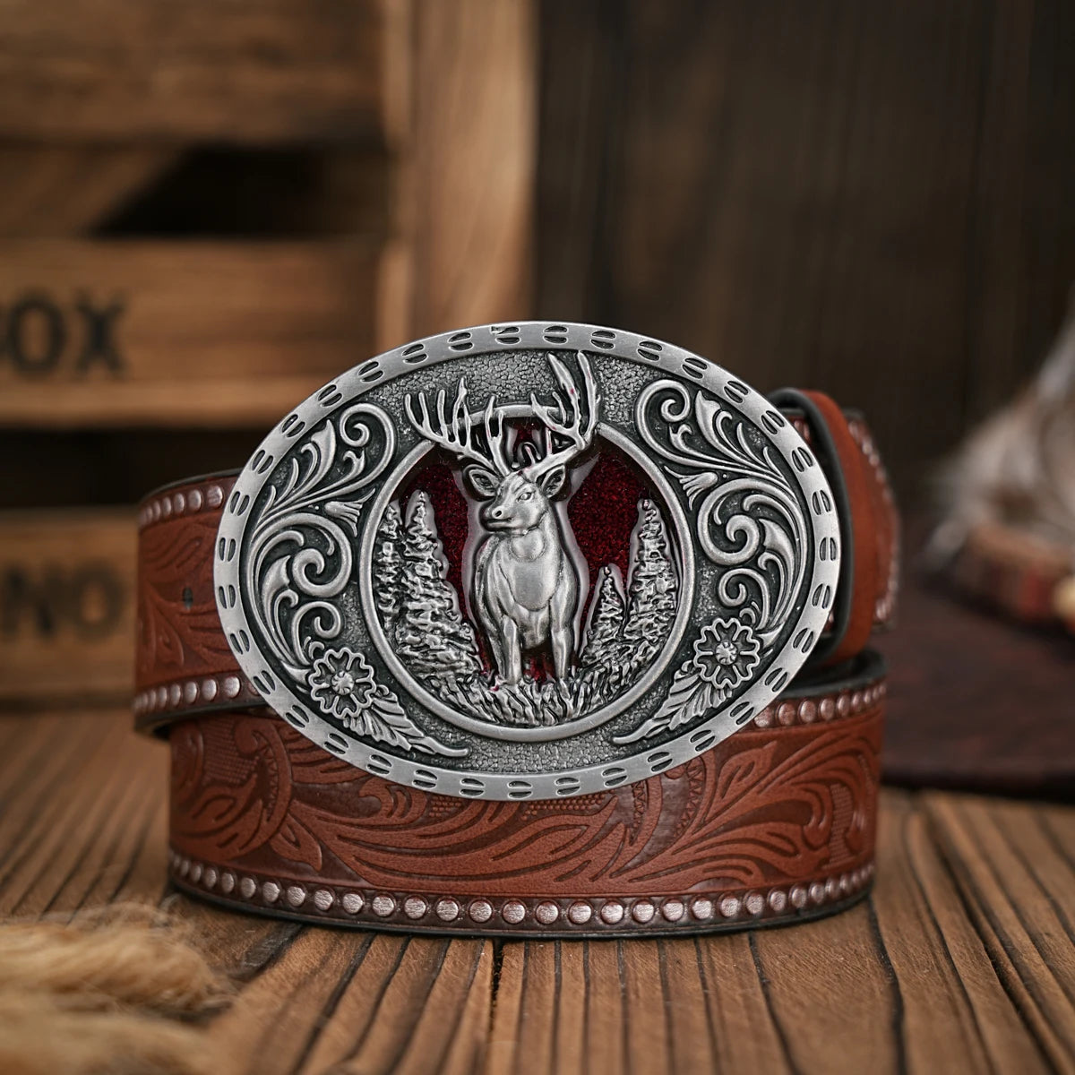 Men - Women - Western Denim - pu leather - Belt - Vintage jeans with floral carved buckle belt