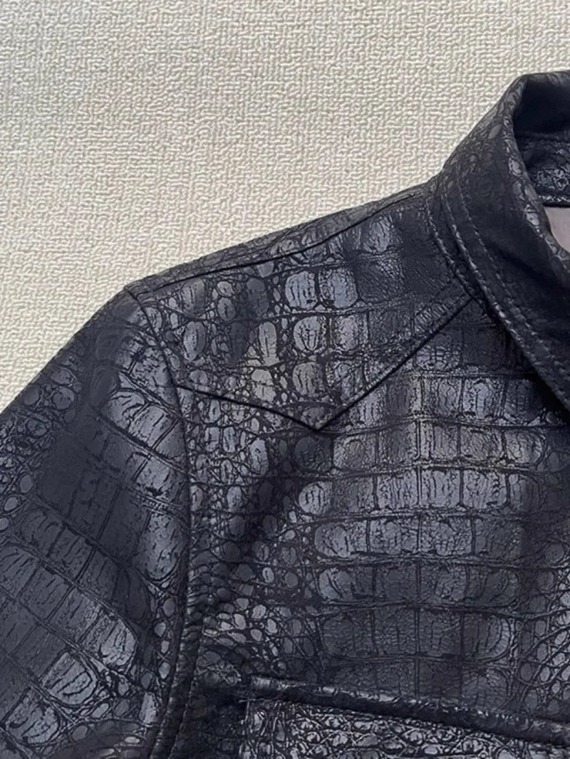 Soft Alligator Pattern Sheepskin Genuine Leather Jacket Men Slim Fit Single Breasted Business Casual Work Natural Leather Tops