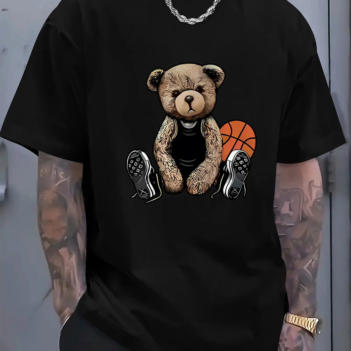 Men's summer 100 cotton fashionable casual sports loose and fun basketball bear pattern printed round neck short sleeved T-shirt