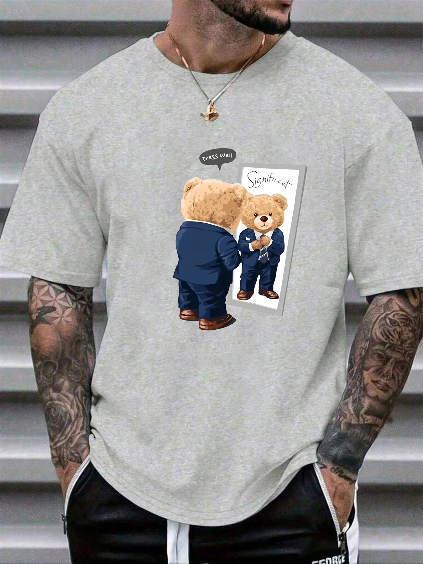 Men's Summer 100 Cotton Fashionable Casual Loose Large Cool Bear Printed Sports Round Neck Short Sleeve T-shirt Top