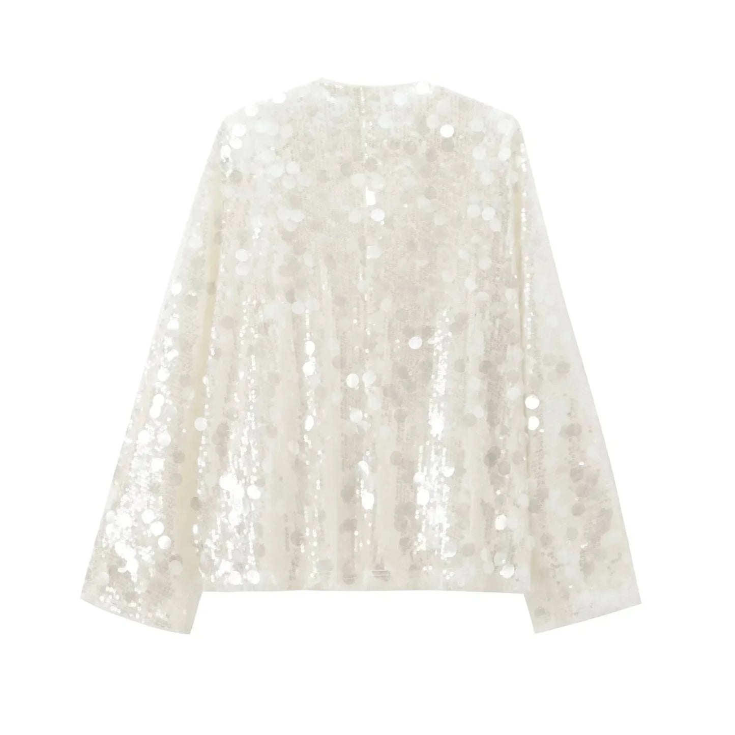Elegant White Sequins Patchwork Lace-up Cardigan Coat For Women Long Sleeve V-neck Loose Coats Tops Trendy Streetwear Partywear