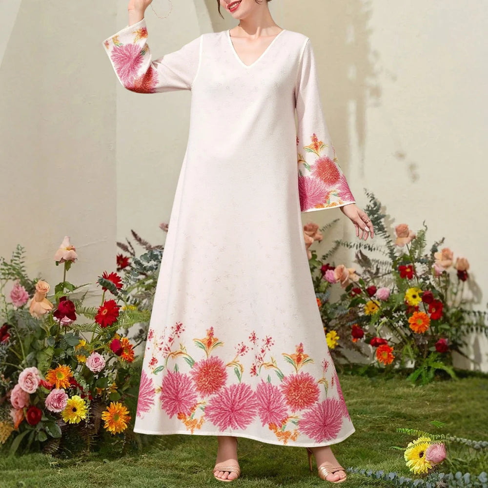 Rafiah Women's Dresses Summer Elegant 2025 Daily Long Sleeve V-Neck A-Line Midi Vacation Long Dresses